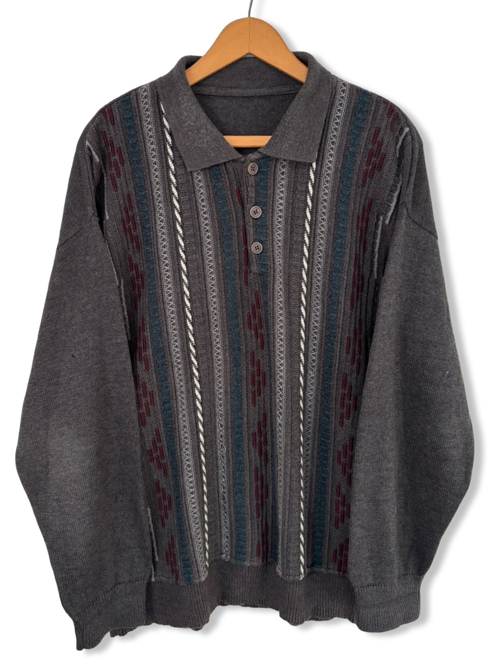 Vintage 90s Gray 3D Patterned Polo Knit Shirt